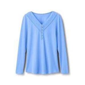 Soft Surroundings Henley Tee Womens  L Blue Embroidered Crochet Neckline Cottage